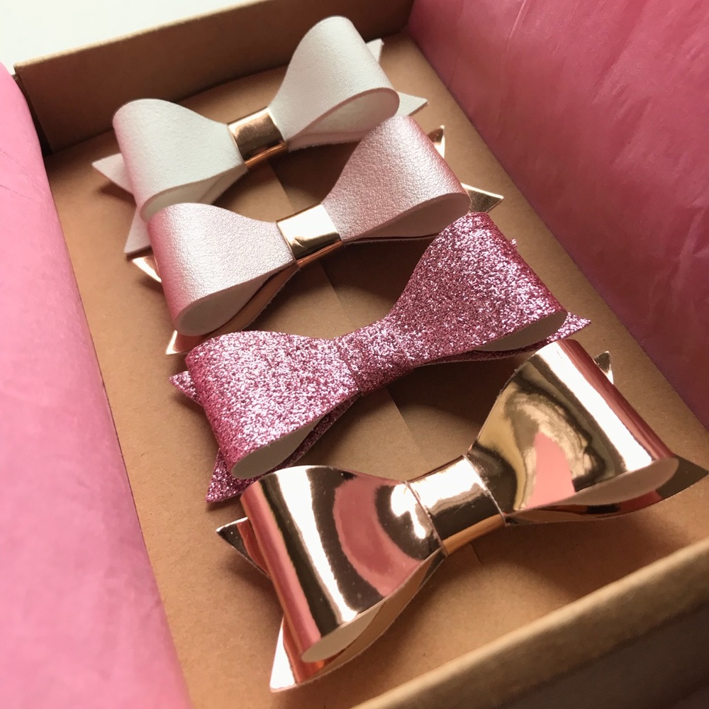 NWT Rose Gold Hair Bow Set Clips and Headbands